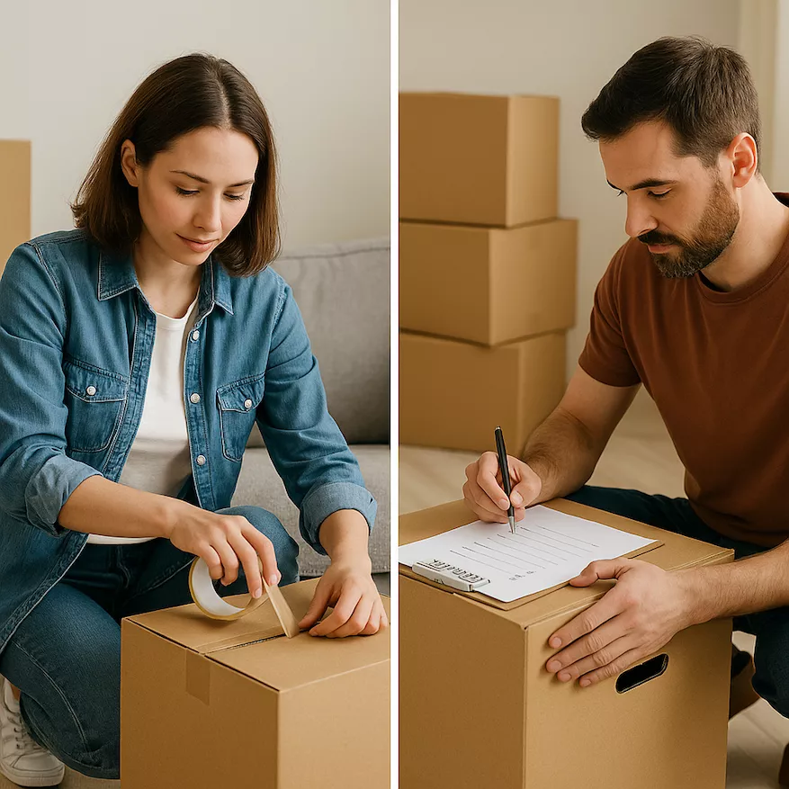 Flytta som särbo – två personer packar kartonger i varsin bostad